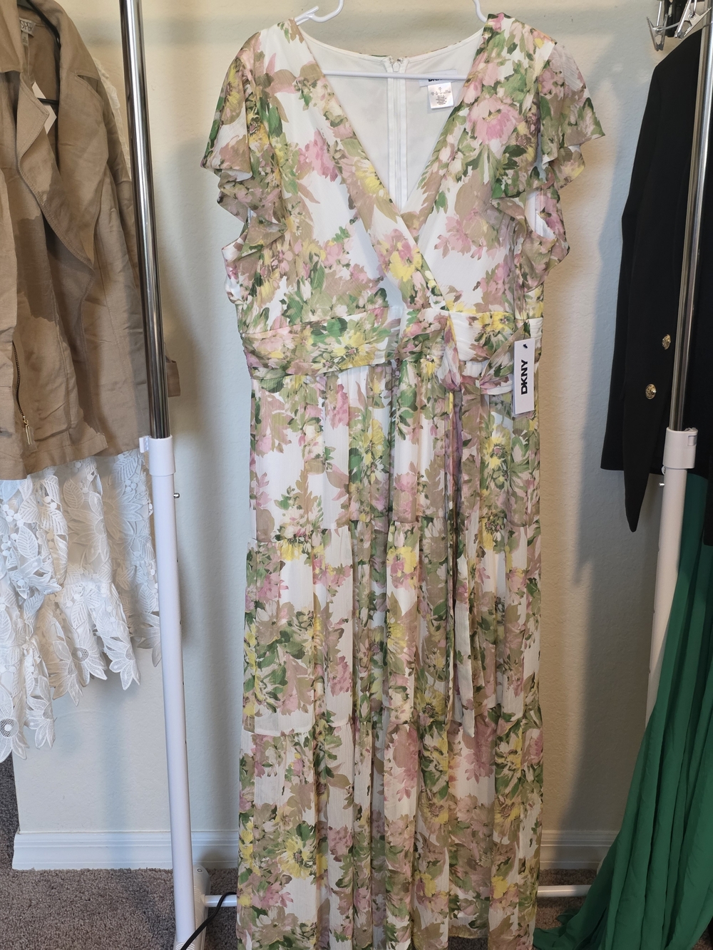 DKNY Pink & Green Floral Maxi Dress with Flutter Sleeves Size 16 - Picture 4 of 8